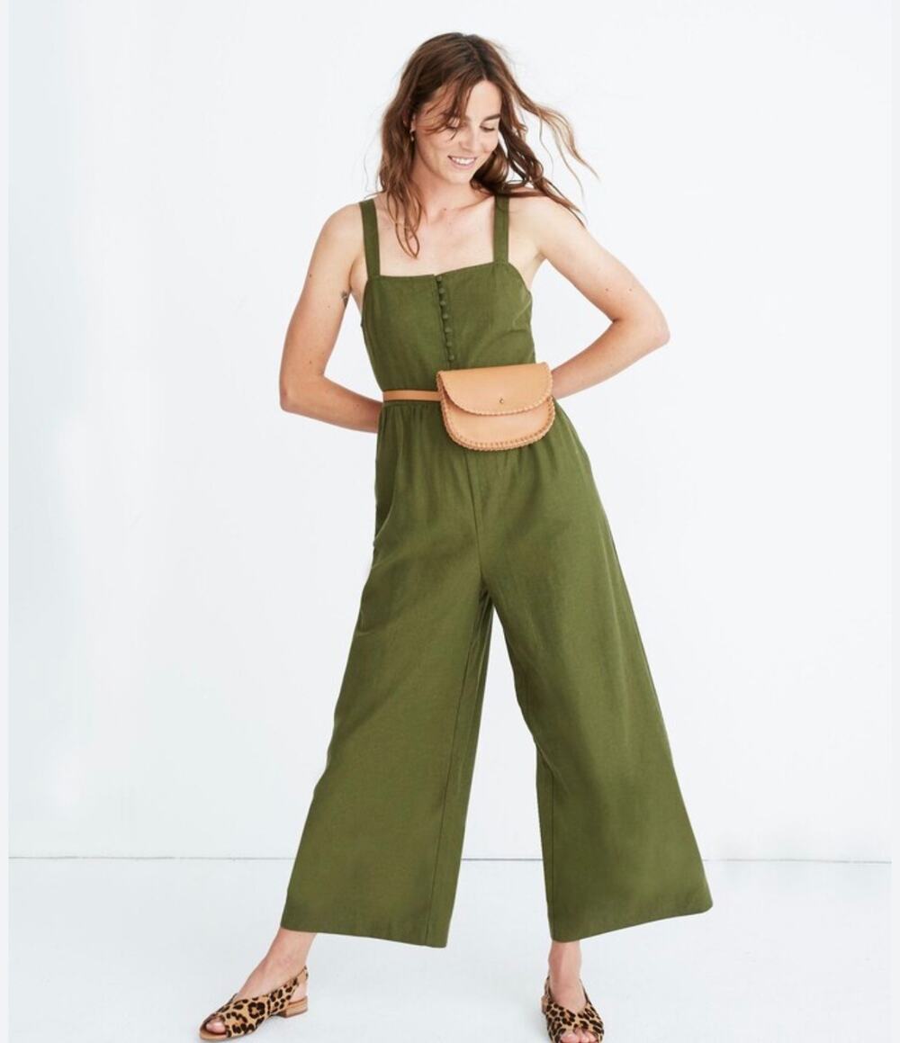 Madewell Jumpsuit Womens Size 2 Green Sleeveless Wide Leg Linen Blend Bohemian